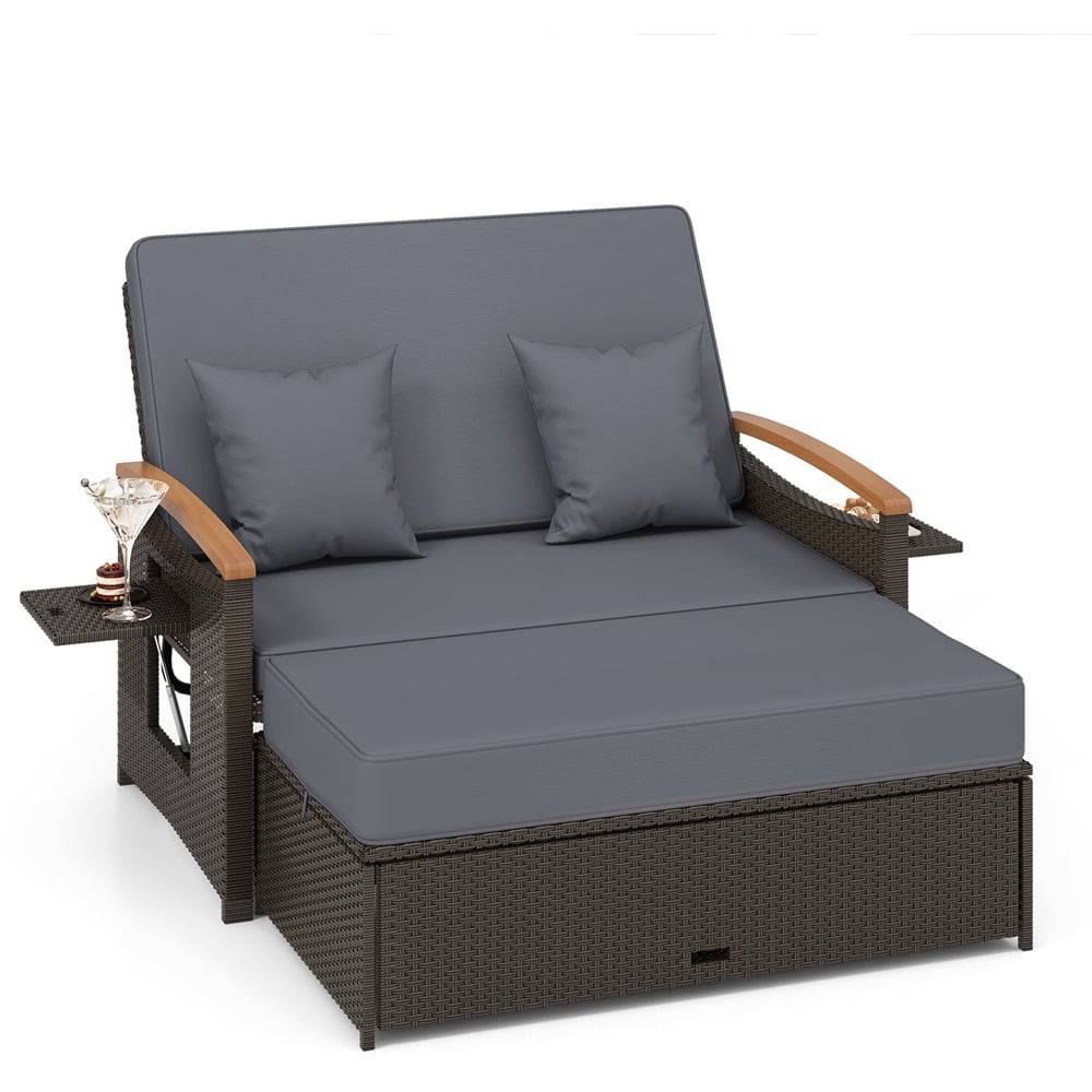 Costway 2 Seater Grey Rattan Woven Daybed with Storage Ottoman Image 2