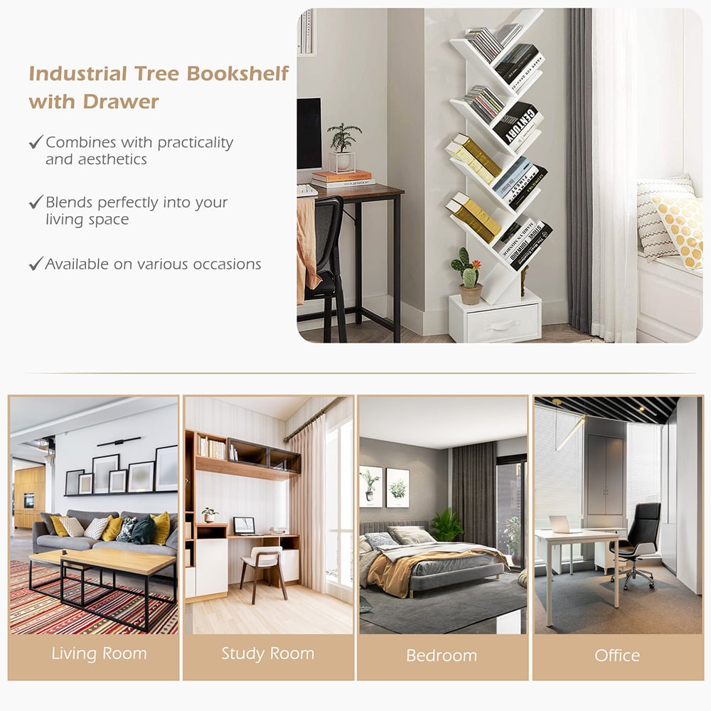 Costway Single Drawer 10 Shelf White Tree Bookshelf Image 7