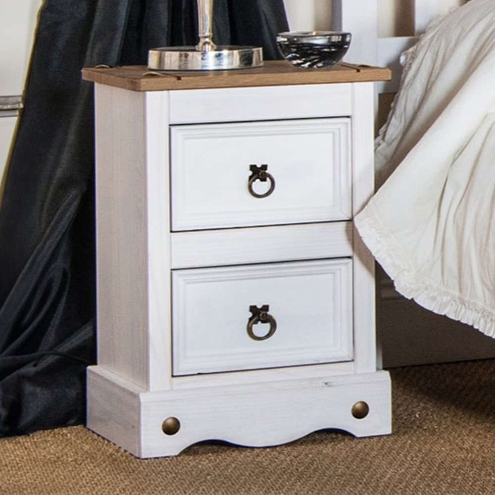 Corona 2 Drawer White Washed Wax Petite Bedside Table Image 1
