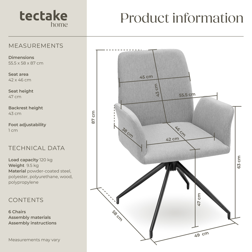 tectake Daya Set of 6 Light Grey Upholstered Swivel Chair Image 9