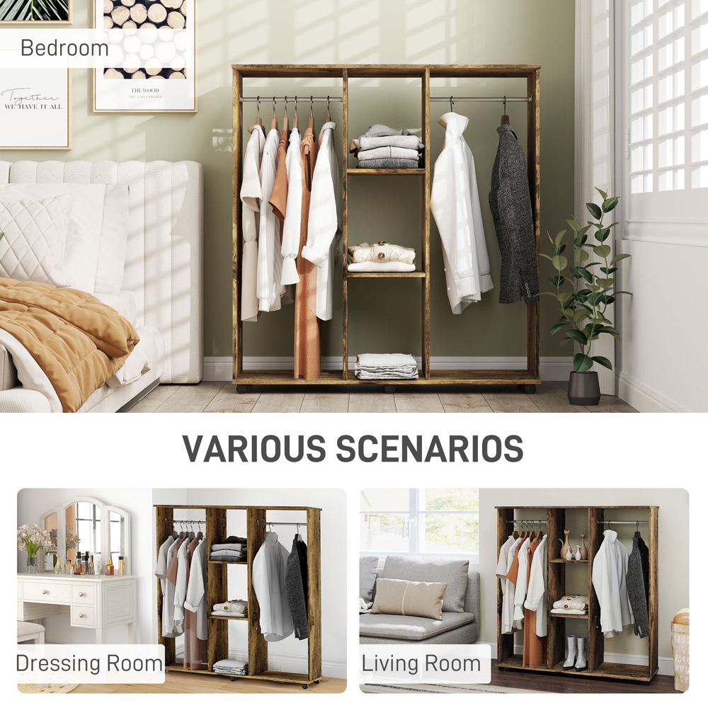 Portland 3 Shelf Rustic Brown Double Open Wardrobe with Hanging Rail Image 7