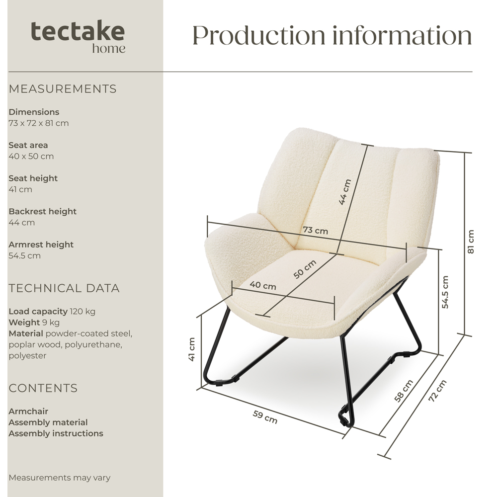 tectake Kjeld Cream Boucle Armchair Image 9