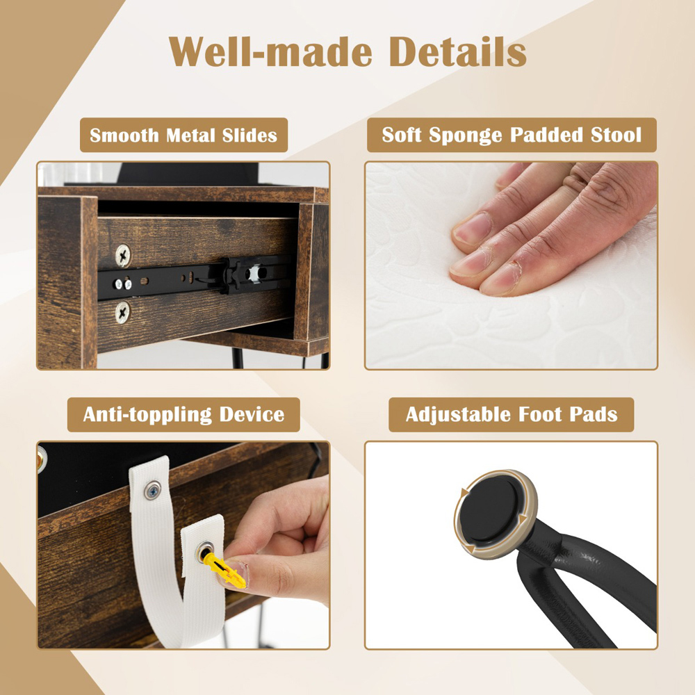 Costway Rustic Brown Vanity Desk Set with LED Mirror and Cushioned Stool Image 8