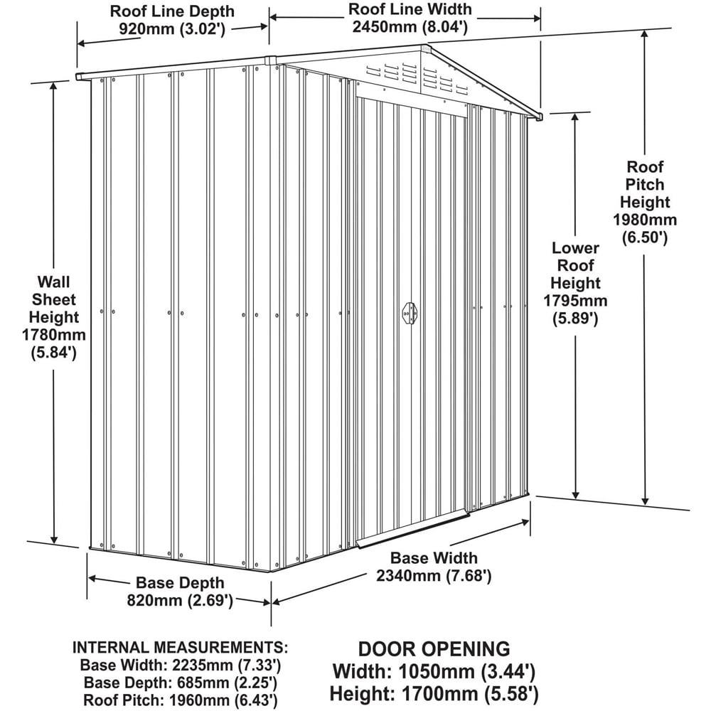 Globel 8 x 3ft 2 Door Grey Metal Apex Garden Shed Image 8