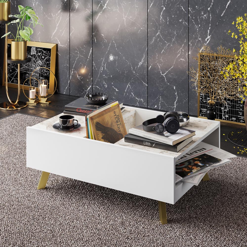 Decorotika Frida 3 Shelf White Marble and Gold Modern Coffee Table Image 5