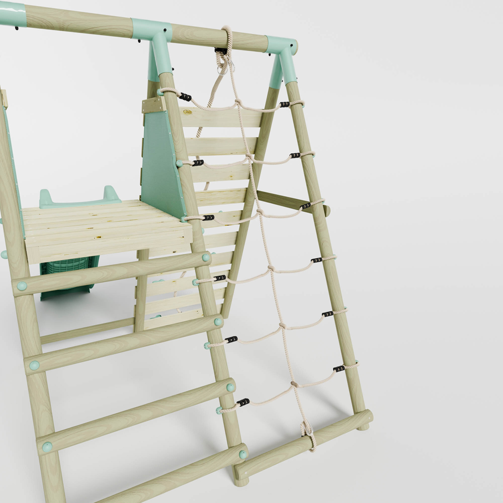 Mercia Wooden Round Pole Single Swing Set with Climbing Wall and Slide Image 7