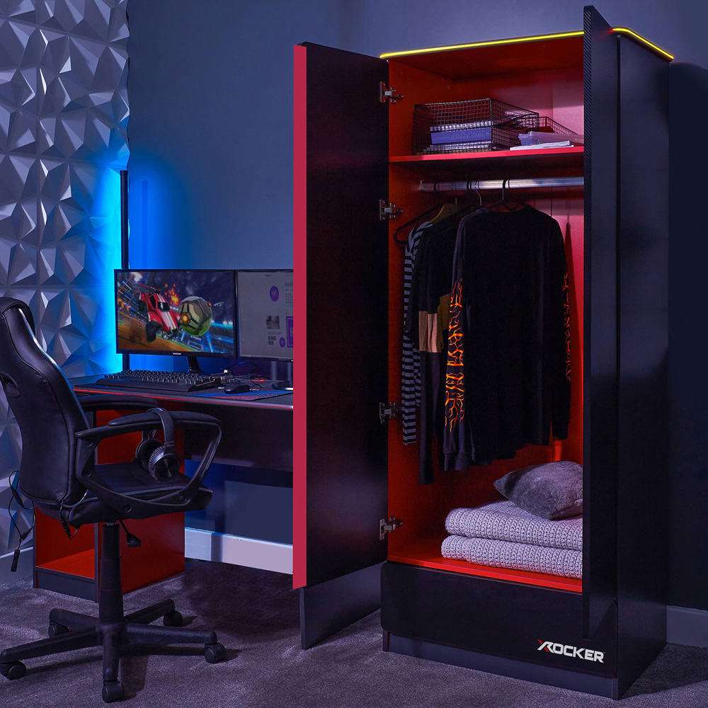 X Rocker Carbon-Tek 2 Door Grey and Red Wardrobe with Neo Fibre LED Lights Image 7