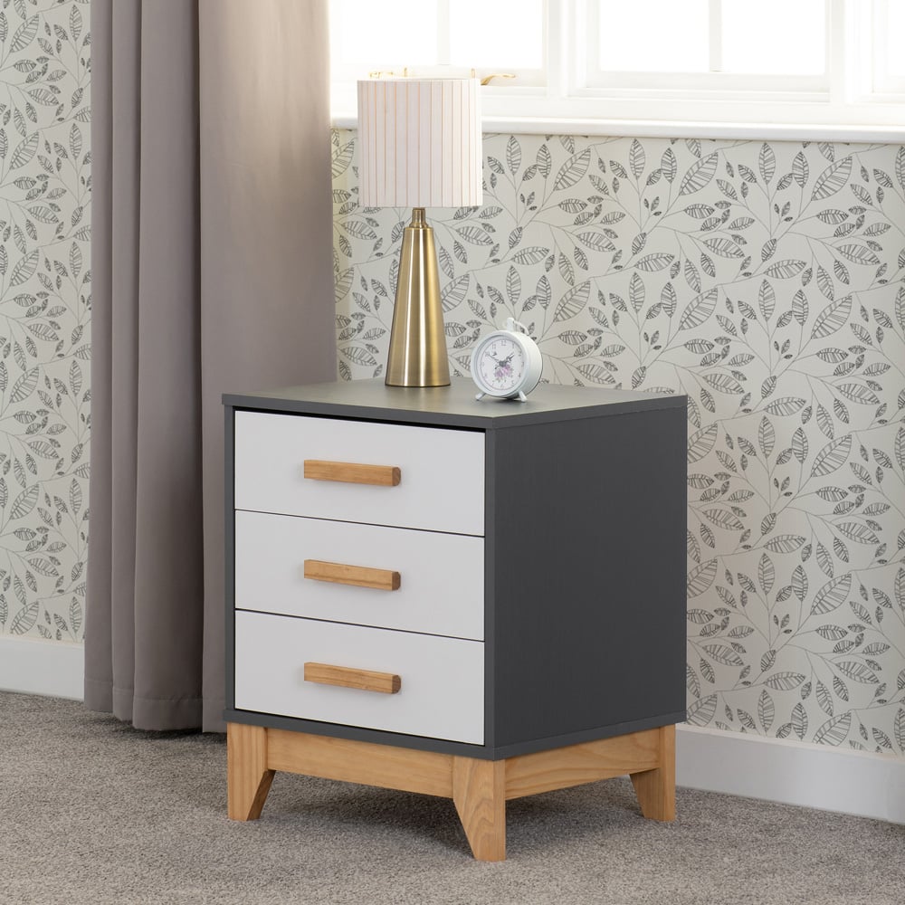 Seconique Cleveland 3 Drawer White and Grey Metal Effect Bedside Table Image 8