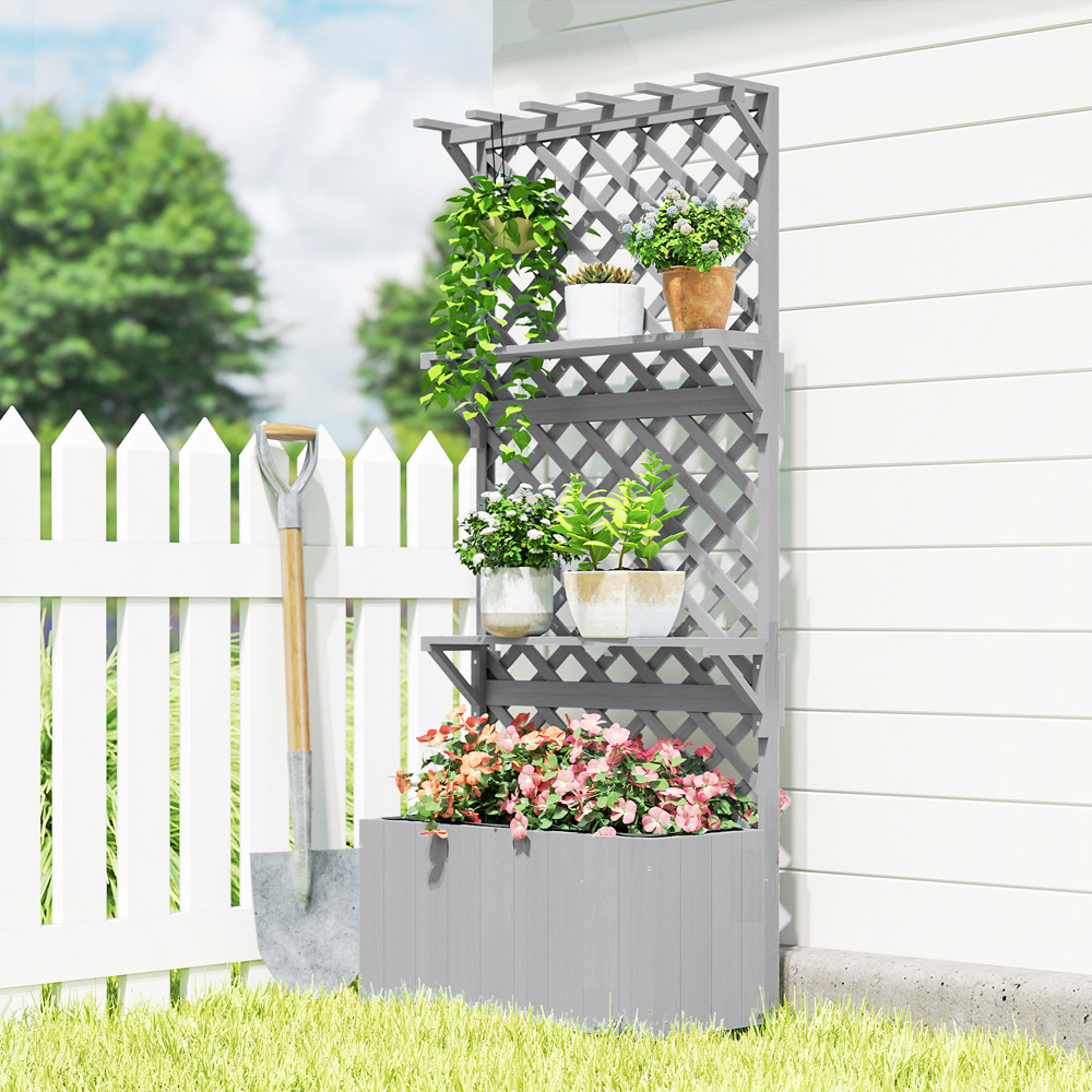 Outsunny 52L 2 Shelf Grey Wooden Raised Garden Bed with Trellis 177 x 33 x 76cm Image 3