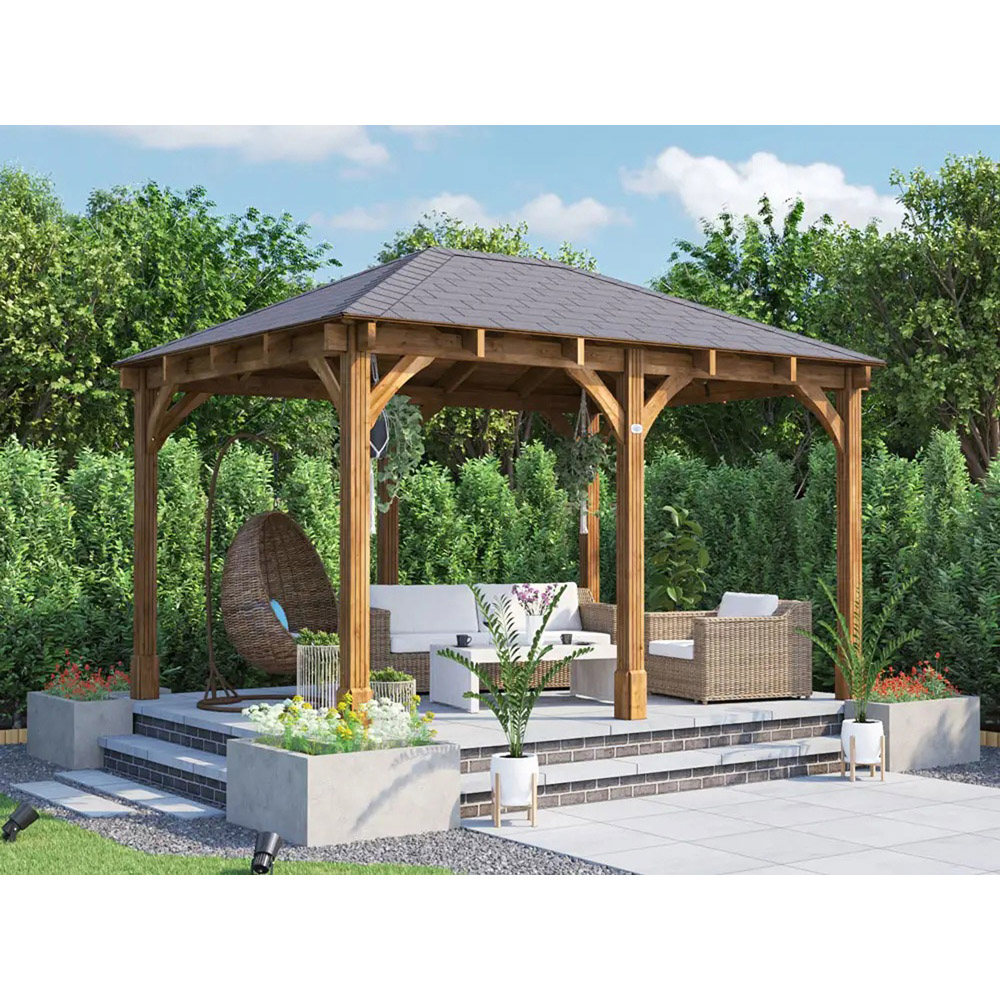 Dunster House Leviathan 4 x 3m Brown Wooden Garden Gazebo with Heavy Duty Roof Shingles Image 3