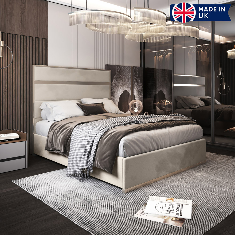 Bentley Silver Double Velvet Upholstered Metal Bed Frame with Panelled Headboard Image 6
