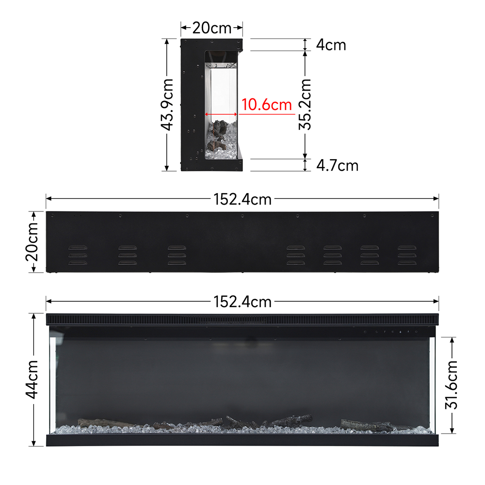 Living and Home 60 Inch 3 Side Electric Fireplace Wall Inset or Freestanding 12 Flame Colours with Remote Control Image 2