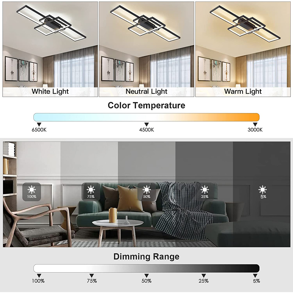Living and Home 35 inch Black Rectangular Semi-Flush Dimming Ceiling Light with Remote Image 7