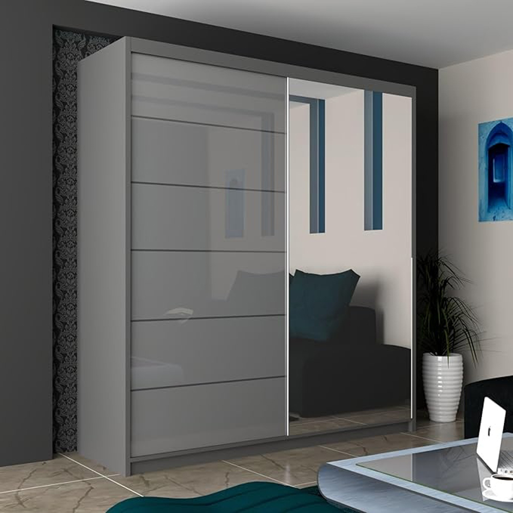 M N Furniture Inovo 2 Door Grey High Gloss Mirrored Sliding Wardrobe 200cm Image 3