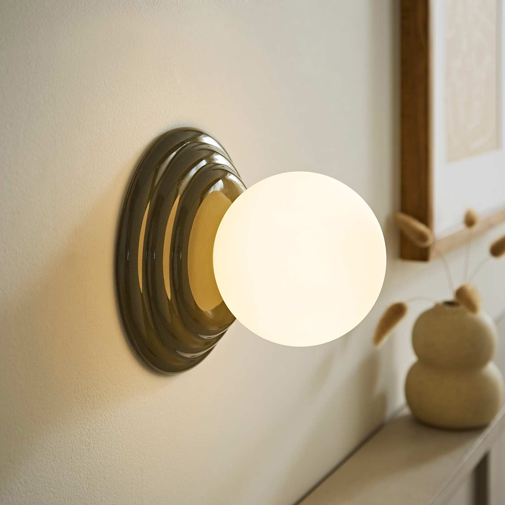 ValueLights Rue Frosted Glass Shade Olive Ribbed Ceramic Base Flush Wall Light with Bulb 2 Pack Image 5