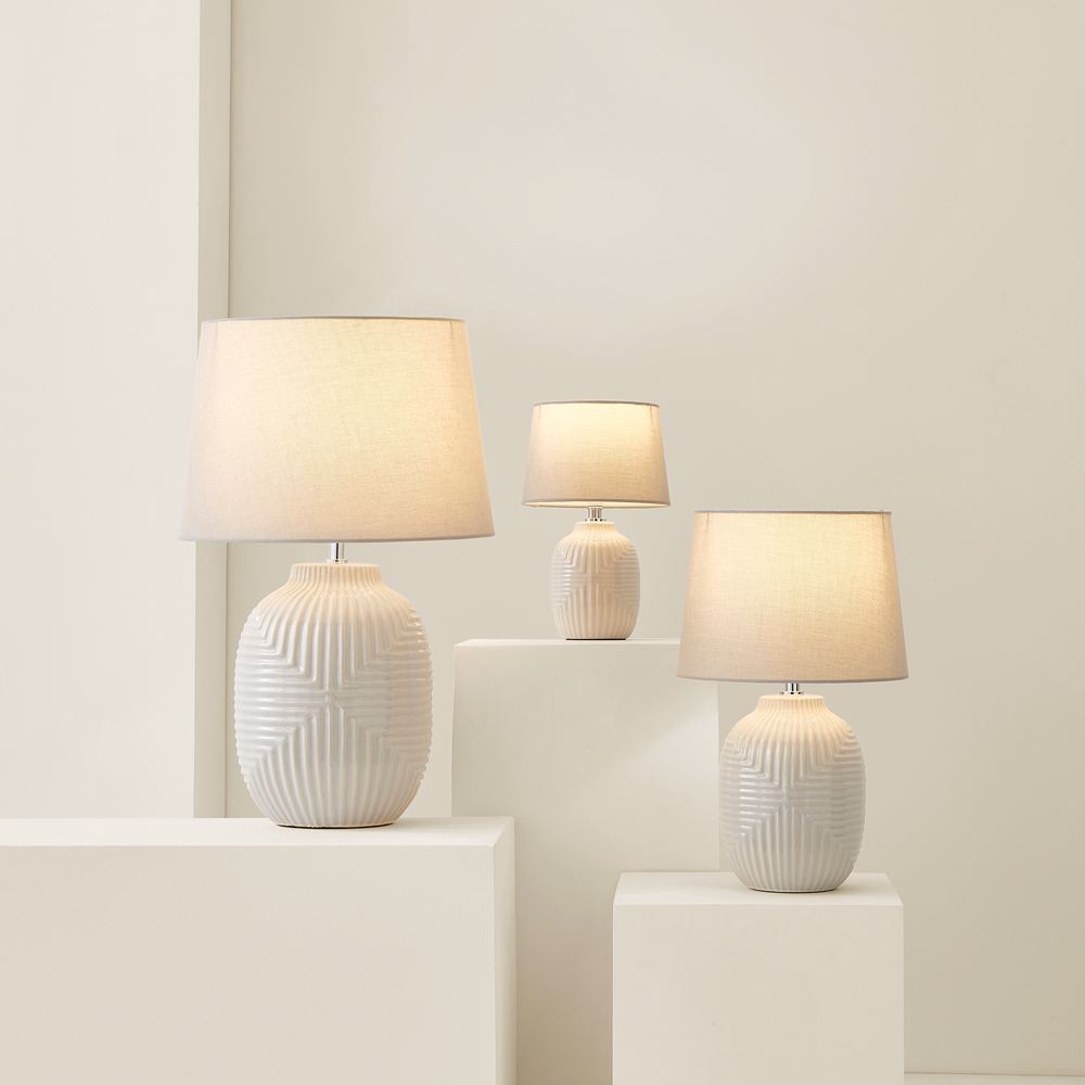 ValueLights Harrison Tapered Shade Grey Geo Ribbed Pattern Gloss Medium LED Table Lamp Image 7