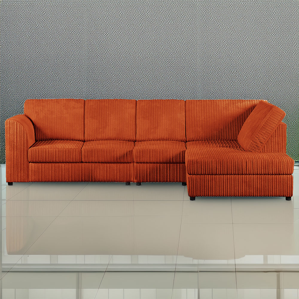 Luxor 4 Seater Orange Jumbo Cord Right Hand Facing Full Back L Shaped Corner Sofa Set Image 1