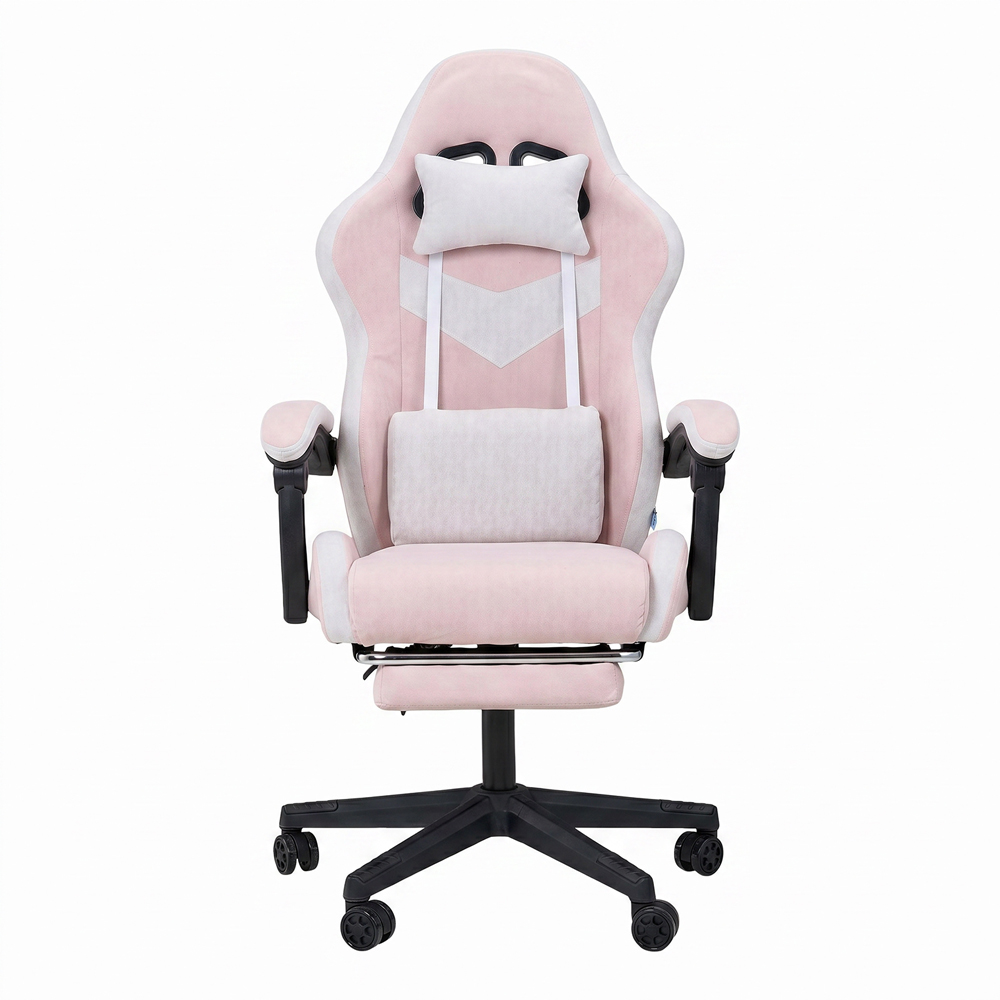 Living and Home White and Pink Fabric Gaming Chair with Footrest Image 2