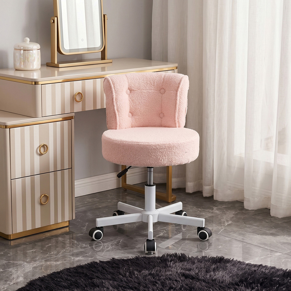 Living and Home Pink Teddy Fleece Button Tufted Vanity Chair with Castors Image 7