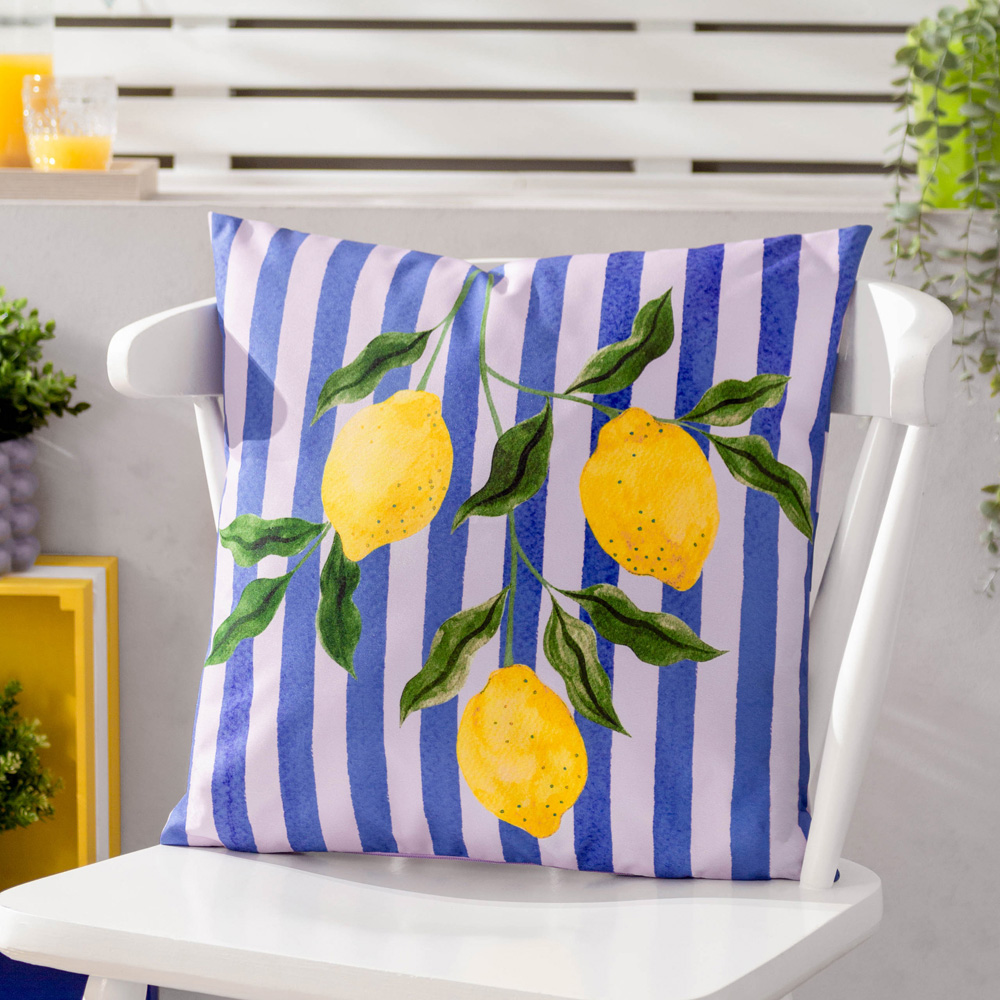furn. Lemons Striped Blue Outdoor Reversible Cushion Image 2