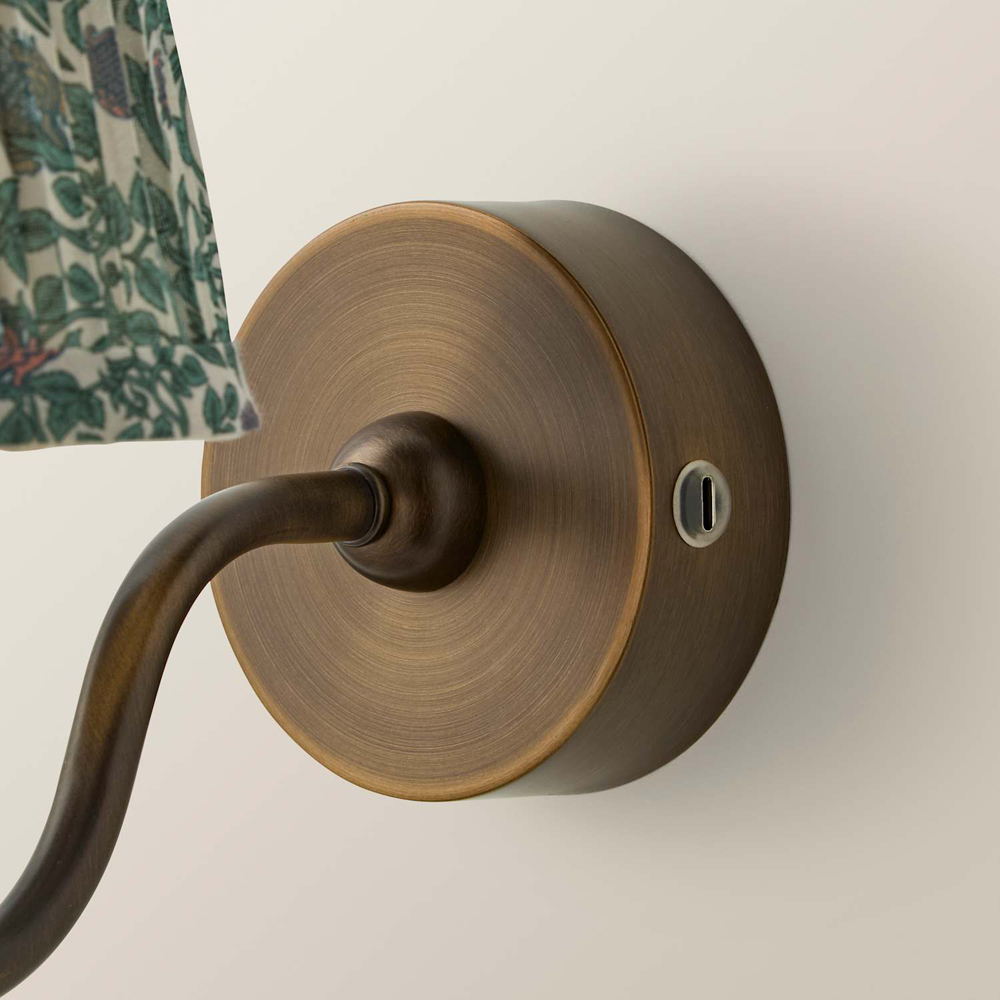 ValueLights Lowe Green Floral Pleated Shade Brass Rechargeable Wall Light with Bulb Image 5