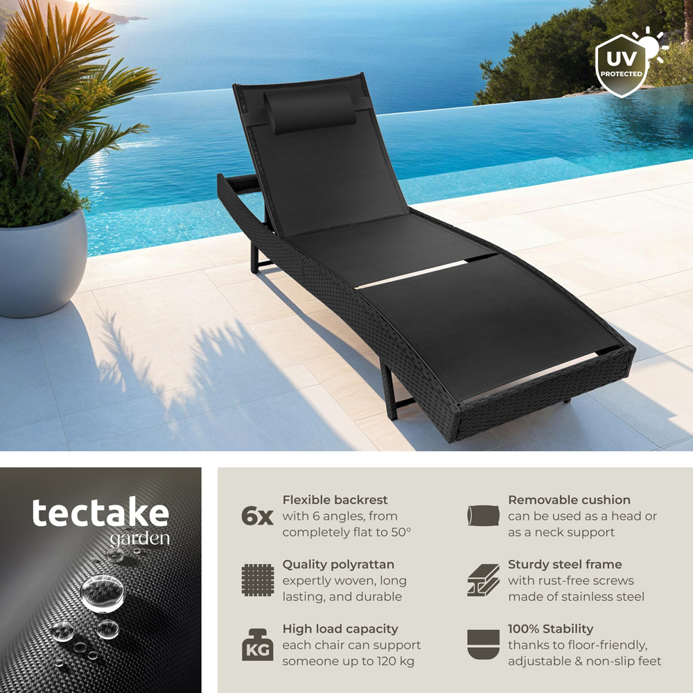 tectake Moana Black 6 Level Sun Lounger with Removable Pillow Image 6