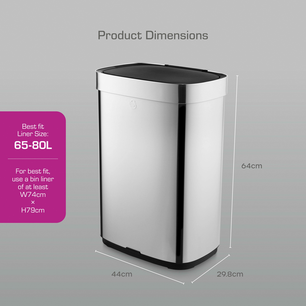 Swan Silver Stainless Steel Rectangular Sensor Bin 65L Image 9