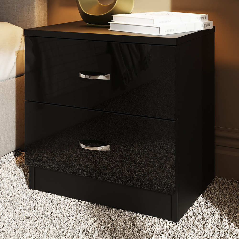 FWStyle Chilton 2 Drawer Black Gloss Bedside Table Image 1