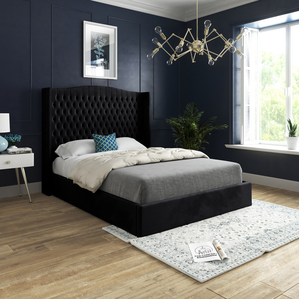 Rana Small Double Black Soft Velvet Upholstered Bed Frame with Curved Top Winged Headboard Image 5