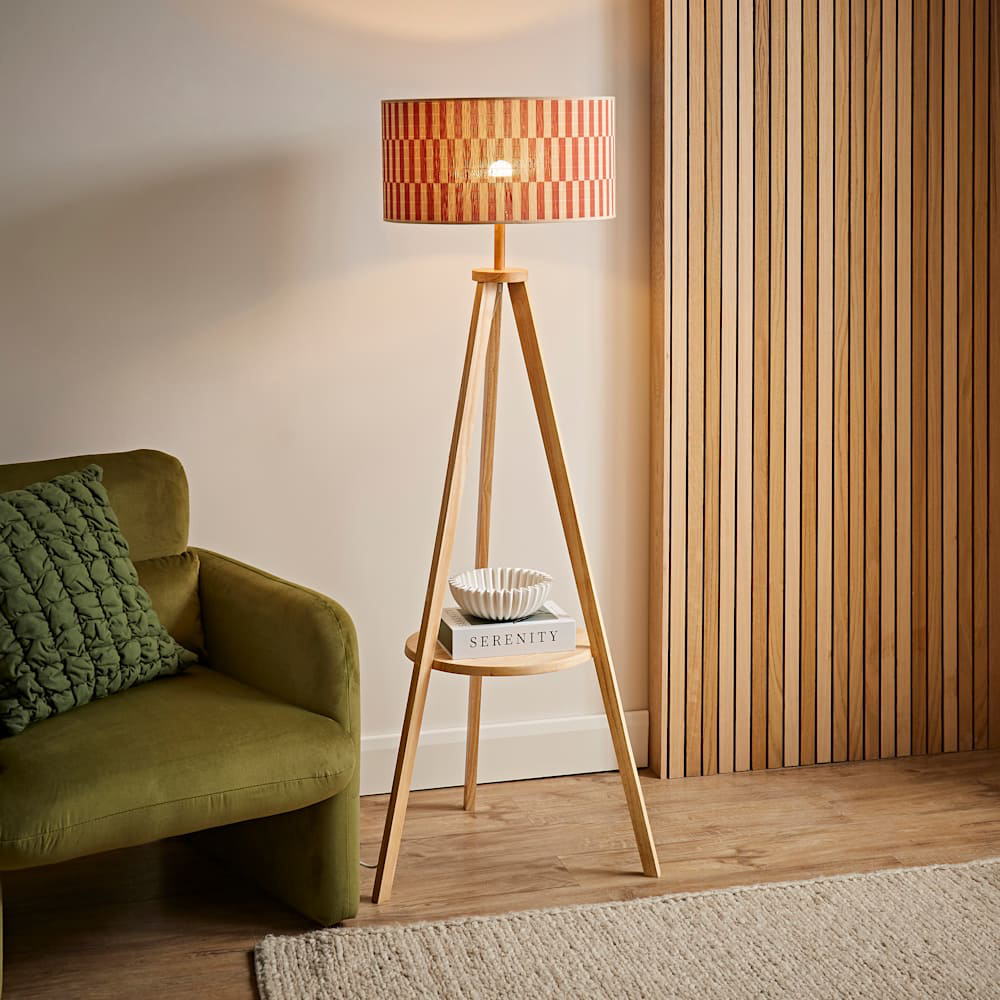 ValueLights Morrigan Orange Checkerboard Bamboo Shade Shelf Tripod LED Floor Lamp with Bulb Image 3