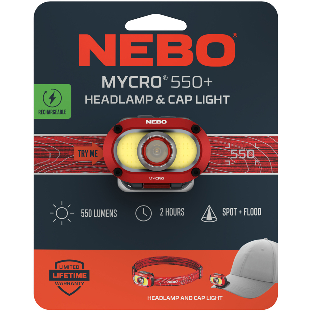 Nebo Mycro 550+ 2-in-1 550 Lumens Red Rechargeable Detachable Headlamp and Cap Light Image 3