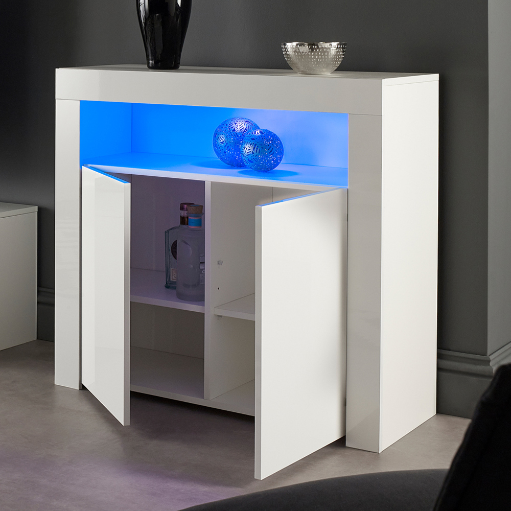 MMT Furniture Designs 2 Door Single Shelf Matt Gloss White Modern Buffet Cabinet with LED Image 4