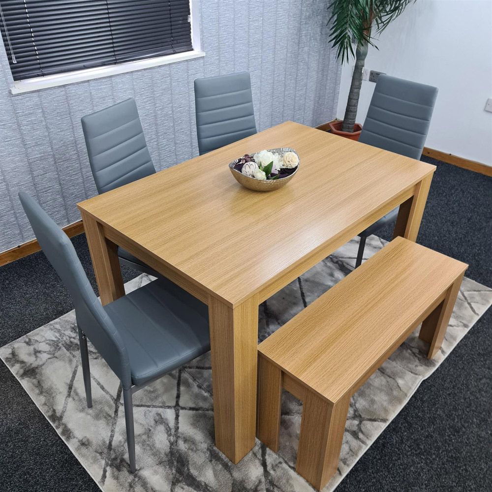 Portland 6 Seater Square Leather Dining Table Set Oak Effect and Grey Image 3