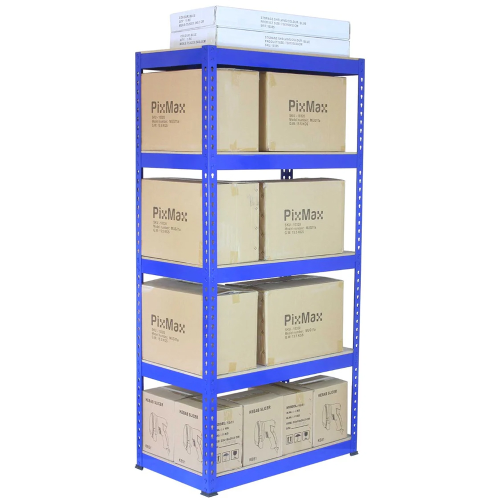 MonsterShop Q-Rax 5 Shelf Blue Metal Racking Unit 3 Pack with Workbench and Mallet Image 3