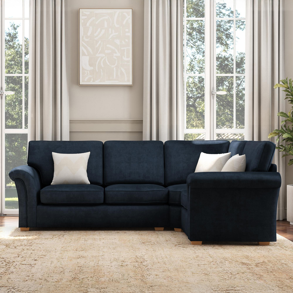 Castleacre 3 Seater Royal Blue Plush Velvet Left Hand Fixed Back Corner Sofa Image 5
