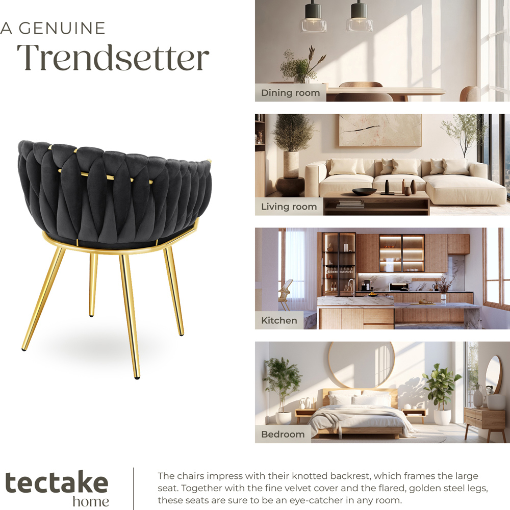 tectake Astano Set of 6 Black and Gold Velvet Padded Knot Design Dining Chair Image 8