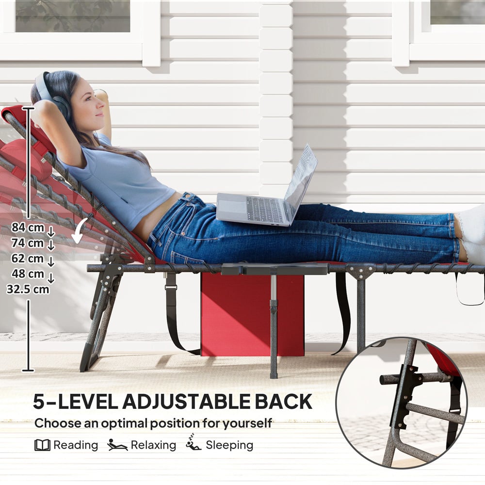 Outsunny Red 5 Level Adjustable Folding Sun Lounger with Side Table Image 7