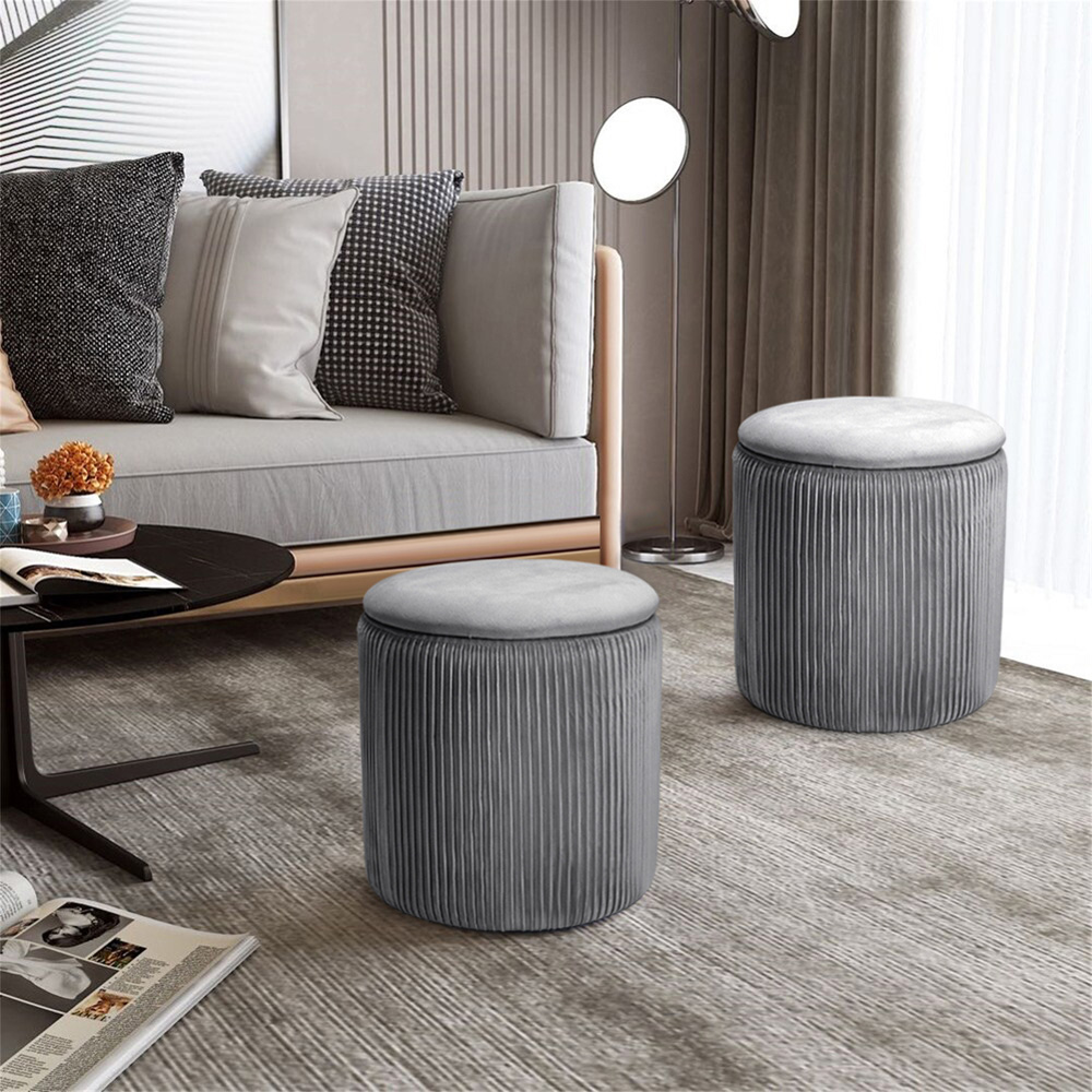 Living and Home Grey Round Pleated Storage Ottoman Image 8