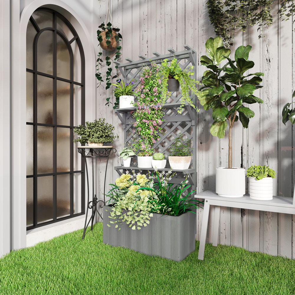 Outsunny 52L 2 Shelf Grey Wooden Raised Garden Bed with Trellis 177 x 33 x 76cm Image 2