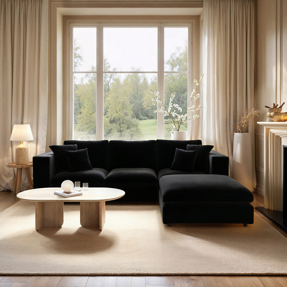 SOLACE+CO Asher 4 Seater Black Velvet Sofa with Footstool Image 4