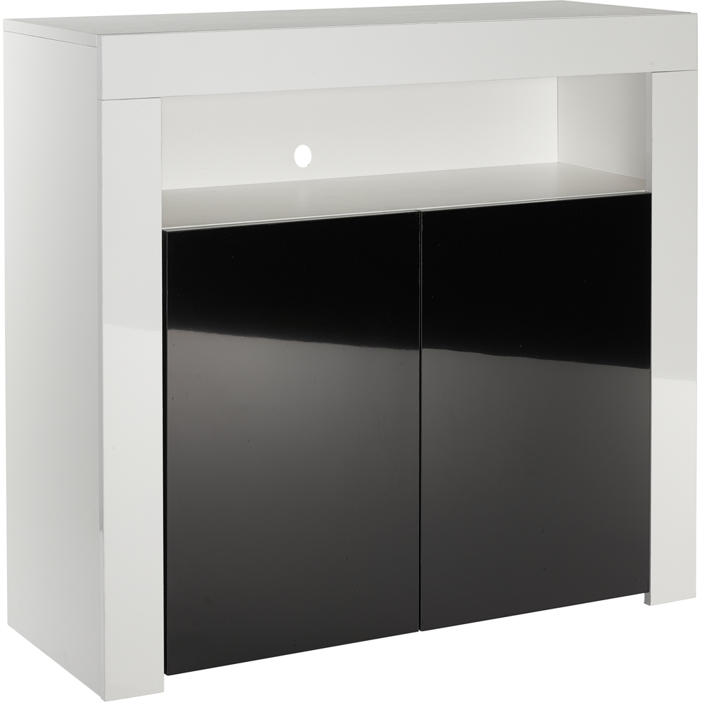 MMT Furniture Designs 2 Door Single Shelf Matt Gloss White and Black Modern Buffet Cabinet with LED Image 2