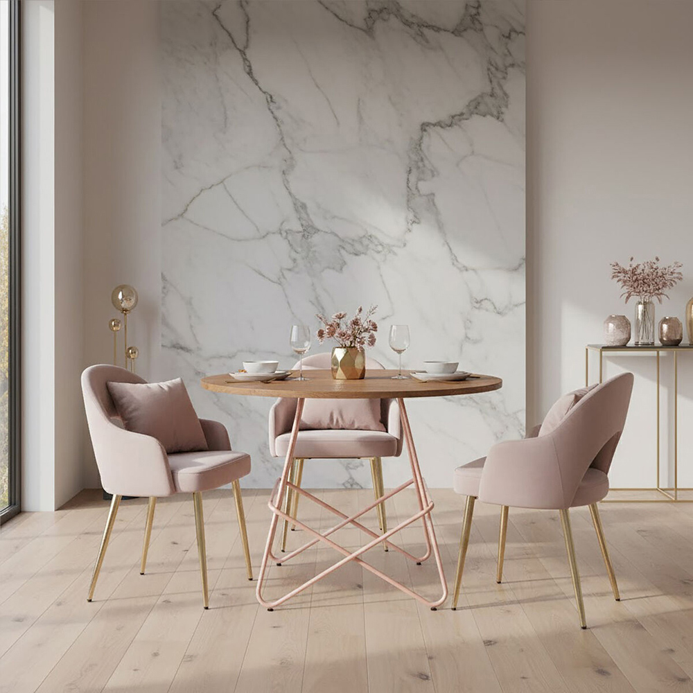 Premier Housewares 4 Seater Metal Round Dining Table with Elm Wood Tabletop Pink Image 5