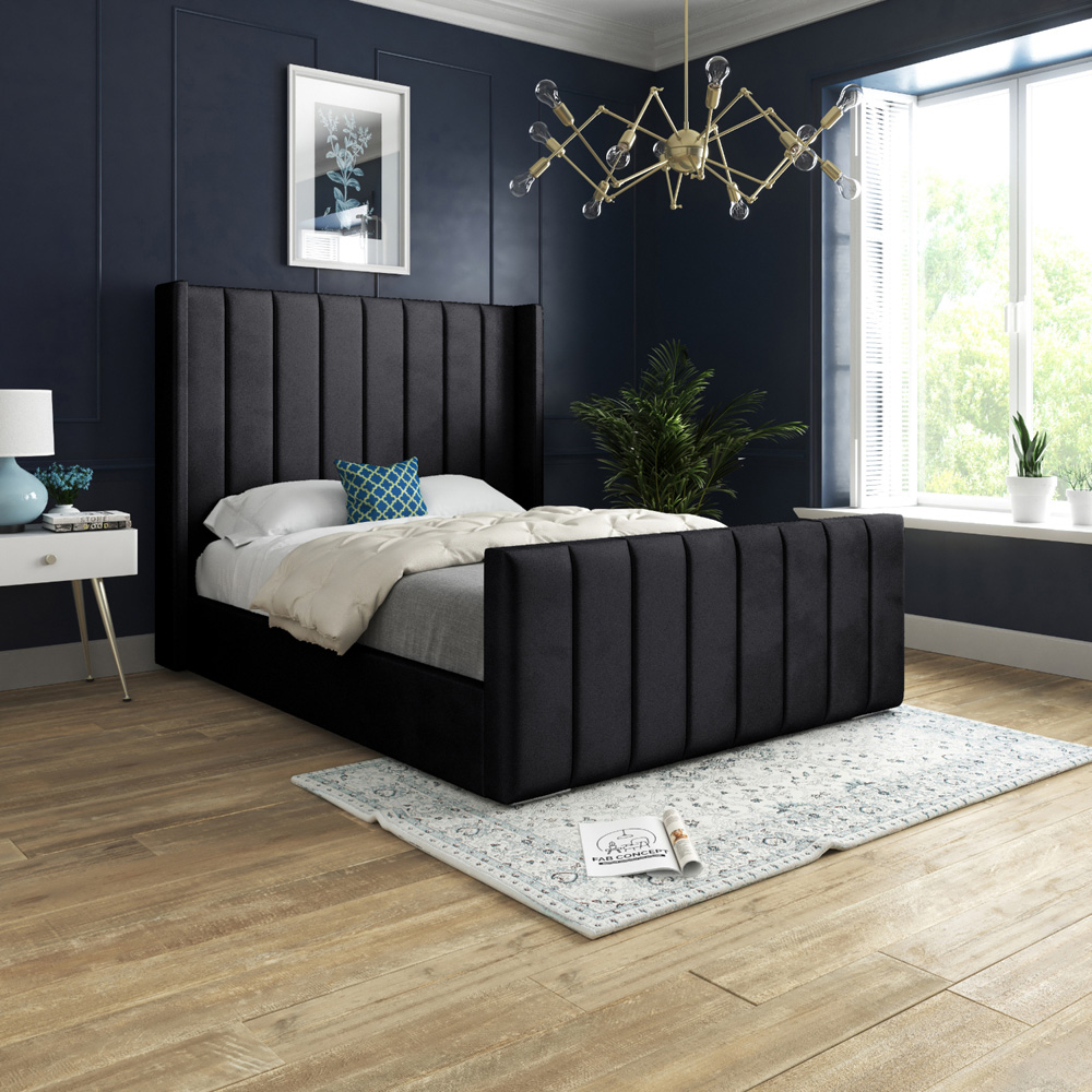 Romano King Size Black Soft Velvet Upholstered Bed Frame with Straight Winged Headboard Image 5