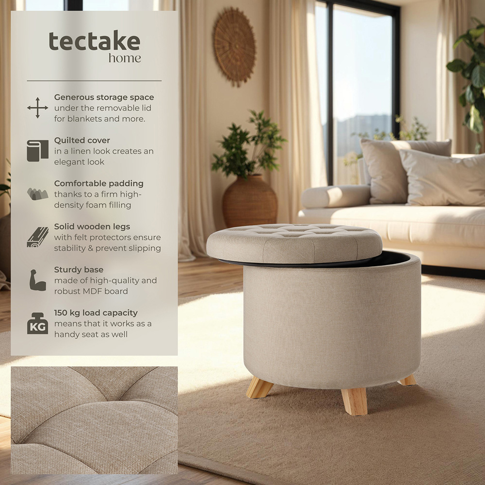 tectake Suna Sand Linen Look Padded Round Stool with Storage Image 6