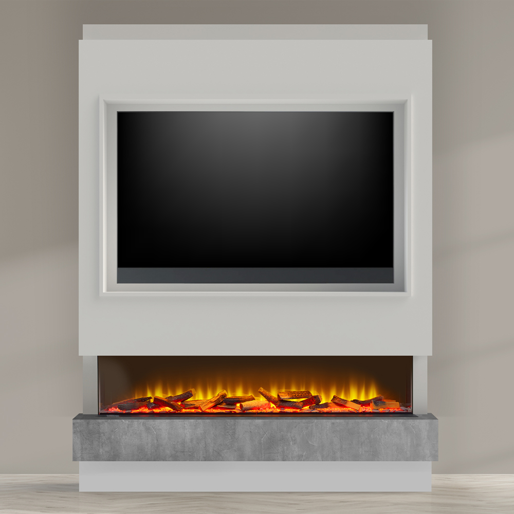 Acantha Matrix Pre-Built White and Concrete Effect Panoramic Media Wall with TV Recess Image 2