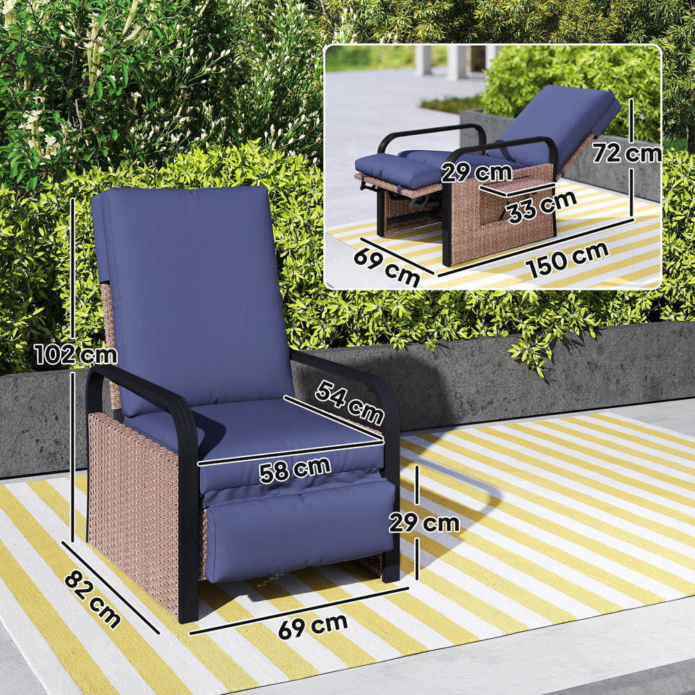 Outsunny Brown and Blue Rattan Garden Recliner Chair Sun Lounger with Side Tray Image 9