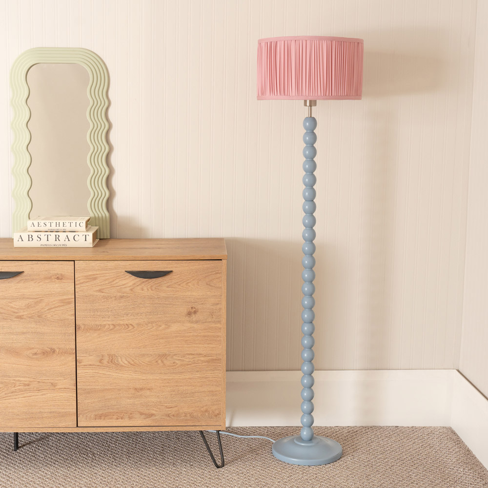 ValueLights Bobbins Ruched Pleated Blush Pink Drum Shade Powder Blue LED Floor Lamp Image 3