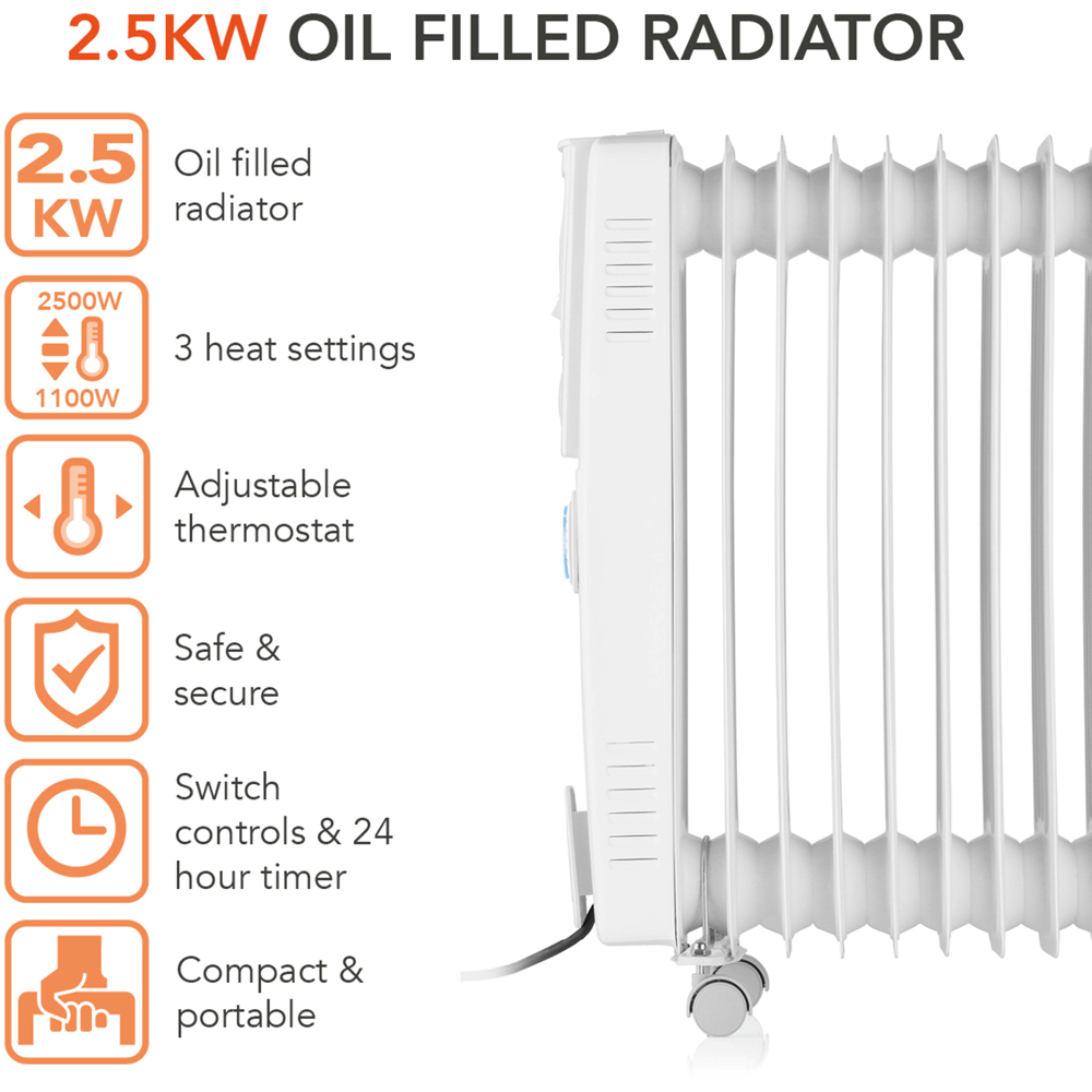 Warmlite 11 Fin White Oil Filled Radiator with Adjustable Thermostat 2500W Image 2