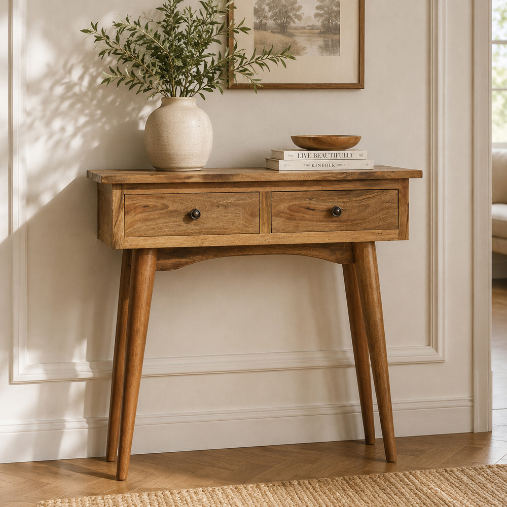 Artisan Furniture Oak-ish 2 Drawer Solid Wood Mini Hallway Console Table Image 7