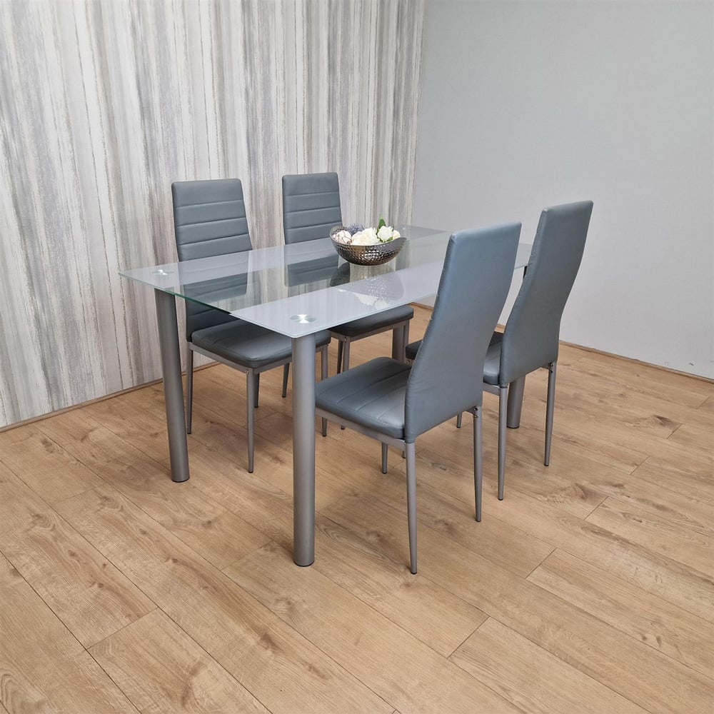 Portland 4 Seater Square Leather Dining Table Set Grey Image 6